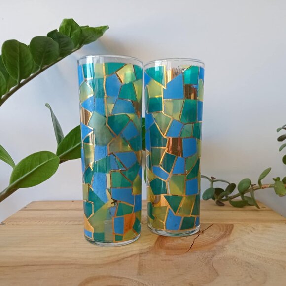 Set (2) Vintage Federal Glass Mosaic Collins Glasses - Picture 2 of 9